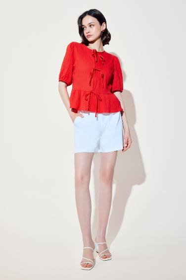Regular Fit Crew Neck Tie Front Textured Red Blouse
