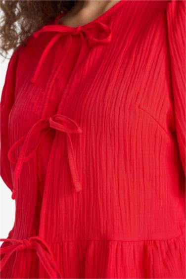 Regular Fit Crew Neck Tie Front Textured Red Blouse