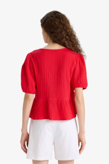 Regular Fit Crew Neck Tie Front Textured Red Blouse