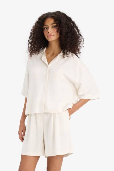 Oversize Fit Shirt Collar Linen Blended Short Sleeve Shirt