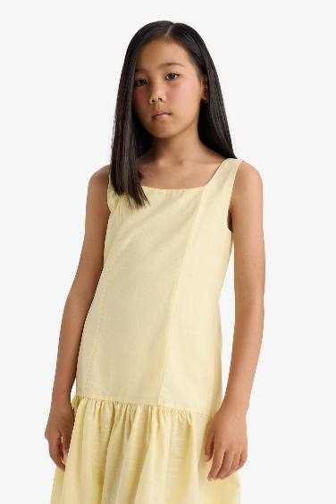 Regular Fit Round Neck Flounce Cotton Sleeveless Dress