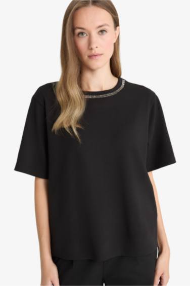 Regular Fit Crew Neck Embroidered Printed Crepe T-Shirt