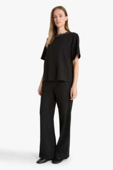 Regular Fit Crew Neck Embroidered Printed Crepe T-Shirt