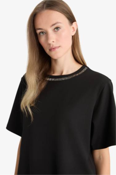 Regular Fit Crew Neck Embroidered Printed Crepe T-Shirt