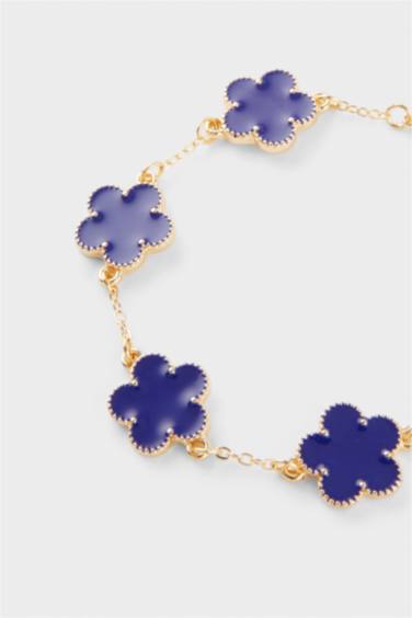 Woman Golden Bracelet With Navy Blue Flowers