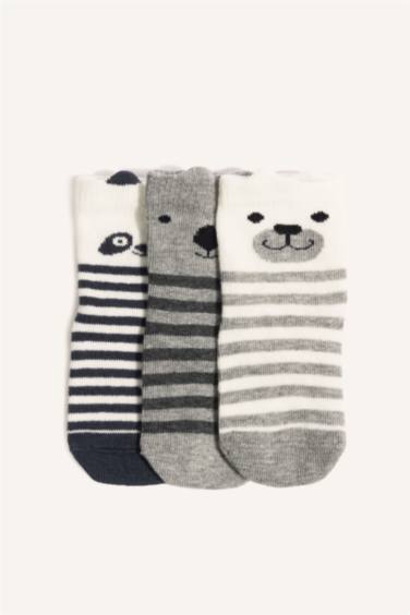 Erkek Bebek Kaydırmaz Taban 3'lü Pamuklu Uzun Çorap