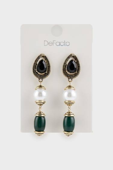 Woman Golden Dangling Earrings With Stones And Pearls