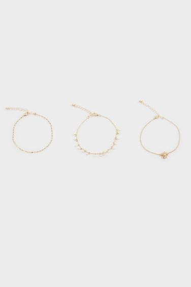 Woman 3 Piece Golden Anklets With Pearls