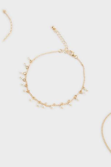 Woman 3 Piece Golden Anklets With Pearls