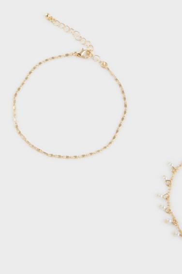 Woman 3 Piece Golden Anklets With Pearls