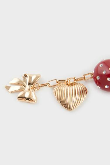 Kadın Çilekli Gold Kalpli Charm Anahtarlık