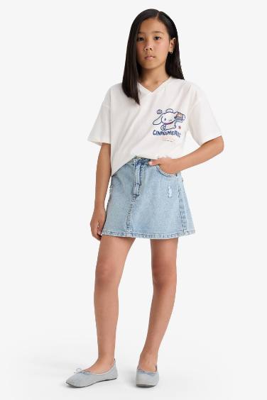 Girl Hello Kitty Oversize Fit V-Neck Back Printed T-Shirt