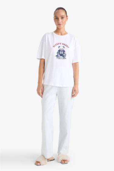 Regular Fit Bisiklet Yaka Baskılı Kısa Kollu Pijama Üstü-Fall in Love