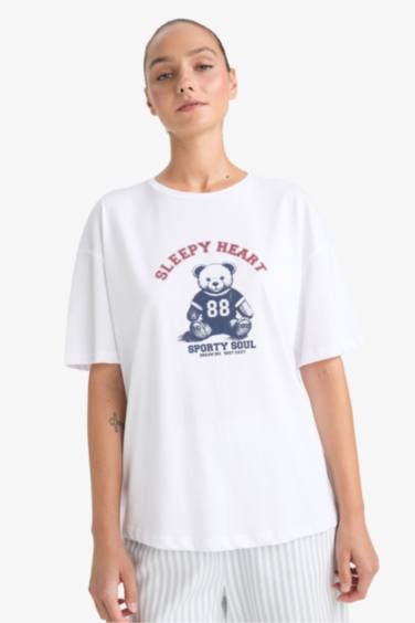 Regular Fit Bisiklet Yaka Baskılı Kısa Kollu Pijama Üstü-Fall in Love