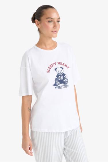 Regular Fit Bisiklet Yaka Baskılı Kısa Kollu Pijama Üstü-Fall in Love