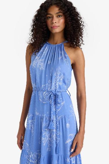 Halter Yaka Desenli Bağcıklı  Krinkıl Viskon Kolsuz Midi Elbise