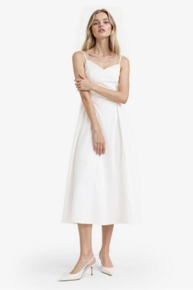 V Yaka Poplin Askılı Midi Elbise