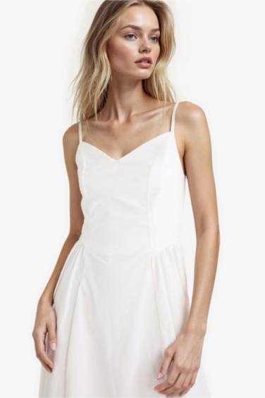 V Yaka Poplin Askılı Midi Elbise