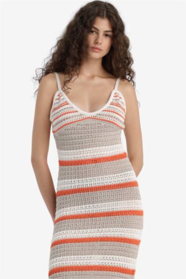 Slim Fit Patterned V Neck Crochet Sleeveless Knit Maxi Dress