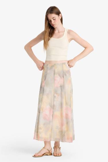 A-Line Floral Regular Waist Tulle Maxi Skirt