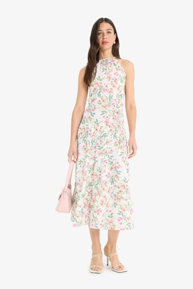 Crew Neck Floral Sleeveless Midi Dress