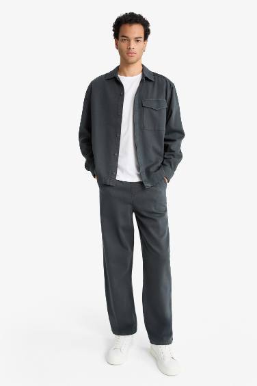 Boxy Fit Polo Neck Twill Long Sleeve Shirt