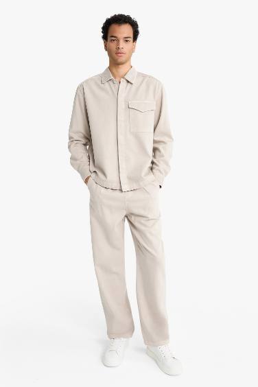 Boxy Fit Polo Neck Twill Long Sleeve Shirt