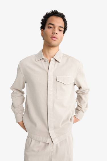 Boxy Fit Polo Neck Twill Long Sleeve Shirt