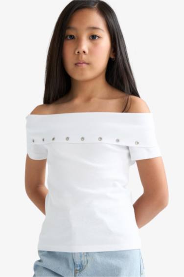 Girl Slim Fit Open Shoulder Printed Ribbed T-Shirt