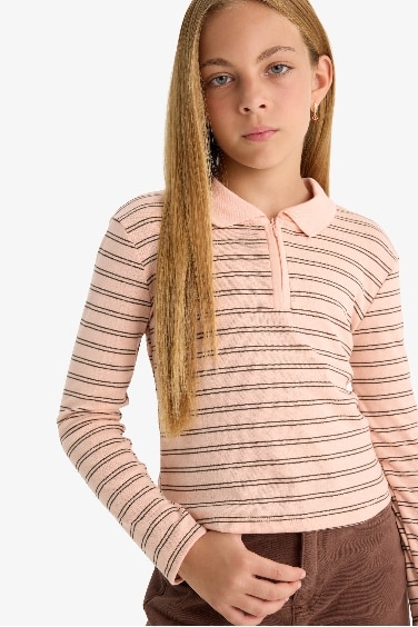 Girl Slim Fit Polo Neck Striped Ribbed T-Shirt