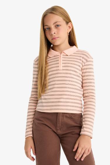 Girl Slim Fit Polo Neck Striped Ribbed T-Shirt