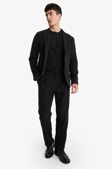 Straight Fit Pleated Straight Leg Fabric Trousers