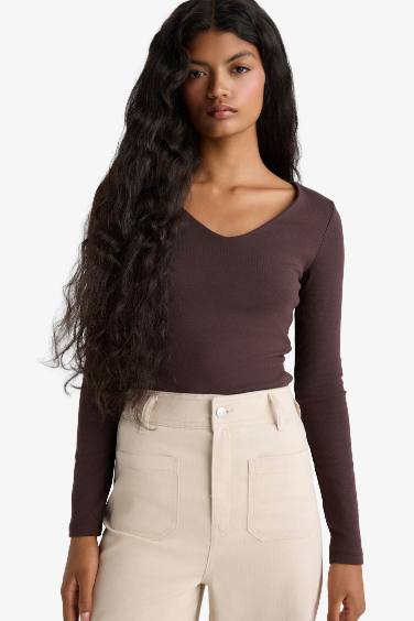 Slim Fit Dar Kesim Basic Düz Modal Uzun Kollu Tişört