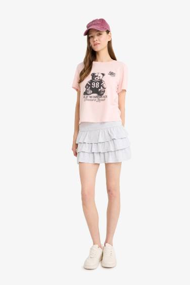 Normal Waist Flounced Cotton Mini Skirt