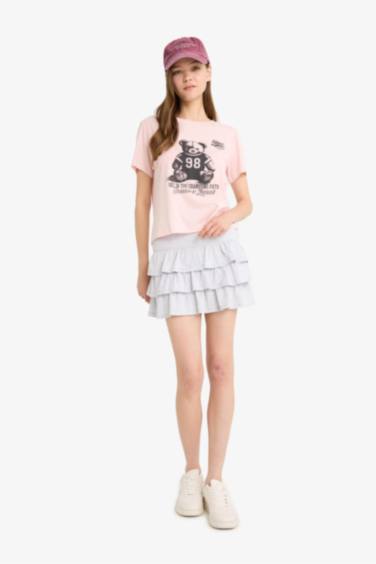 Normal Waist Flounced Cotton Mini Skirt