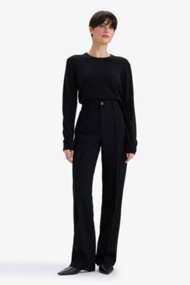 بنطلون تويل قصة مستقيمة برجل عادي وخصر عالي