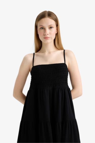 Strappy Crinkle Fabric Black Mini Dress