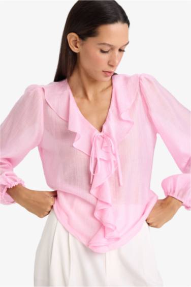 Блузка из жатой ткани Regular Fit с длинным рукавом и V-образным вырезом