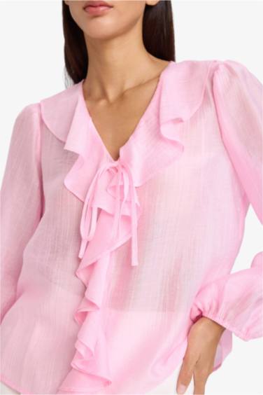 Блузка из жатой ткани Regular Fit с длинным рукавом и V-образным вырезом