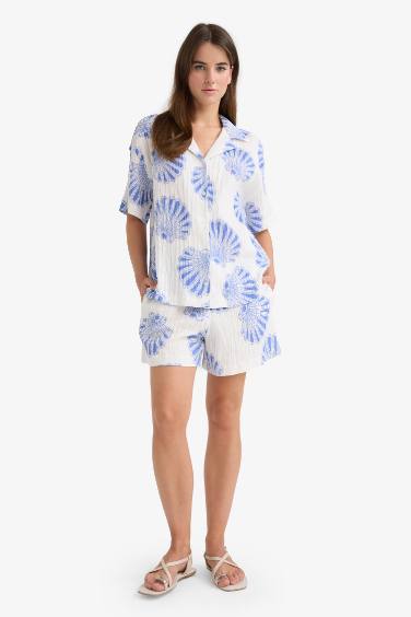 High Elastic Waist Patterned Muslin Shorts