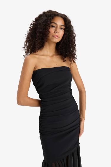 فستان ميدي اسود شيفون بدون حمالات