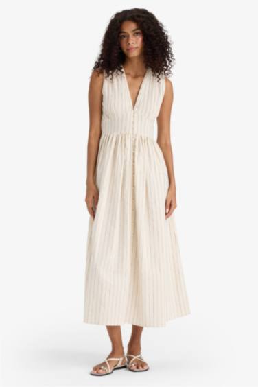 V-Neck Striped Poplin Midi Dress