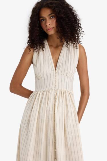 V-Neck Striped Poplin Midi Dress