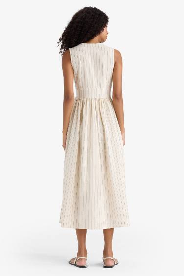 V-Neck Striped Poplin Midi Dress