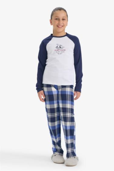 Kız Çocuk Pijama Takımı Baskılı Uzun Kollu Üst Kareli Uzun Alt