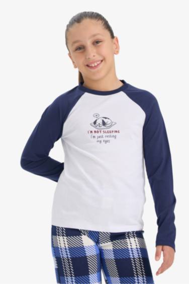 Kız Çocuk Pijama Takımı Baskılı Uzun Kollu Üst Kareli Uzun Alt