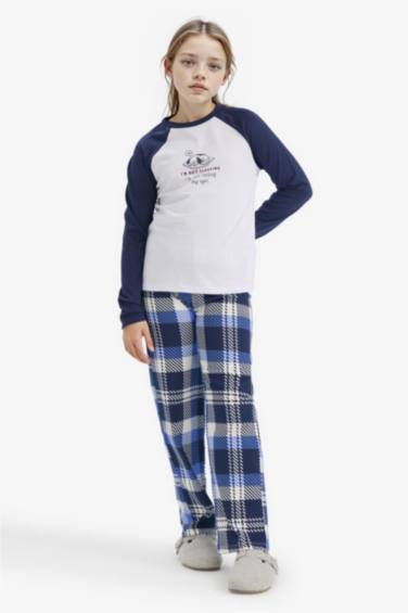 Kız Çocuk Pijama Takımı Baskılı Uzun Kollu Üst Kareli Uzun Alt