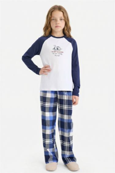 Kız Çocuk Pijama Takımı Baskılı Uzun Kollu Üst Kareli Uzun Alt