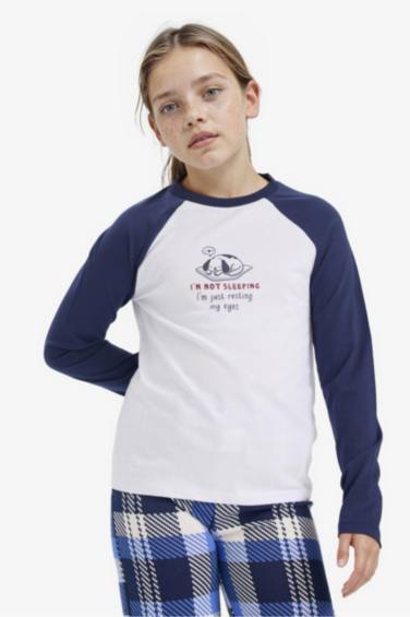 Kız Çocuk Pijama Takımı Baskılı Uzun Kollu Üst Kareli Uzun Alt