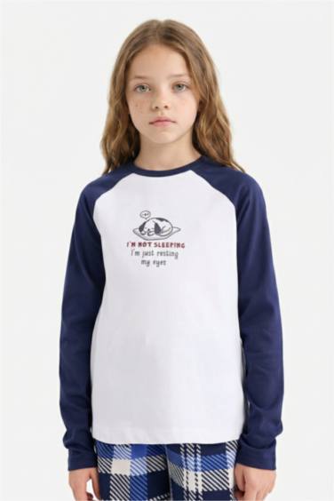 Kız Çocuk Pijama Takımı Baskılı Uzun Kollu Üst Kareli Uzun Alt